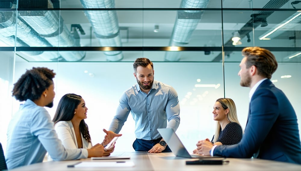 Jeet D'mann collaborating with a team in a modern office setting